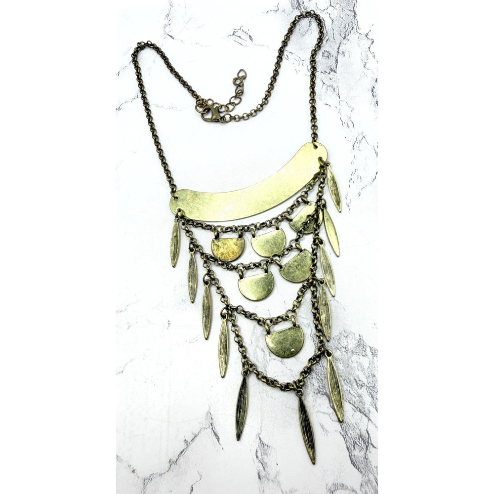 Boho Gold Tone Bib Necklace Textured Dangle Fringe 16-18" Festival Jewelry